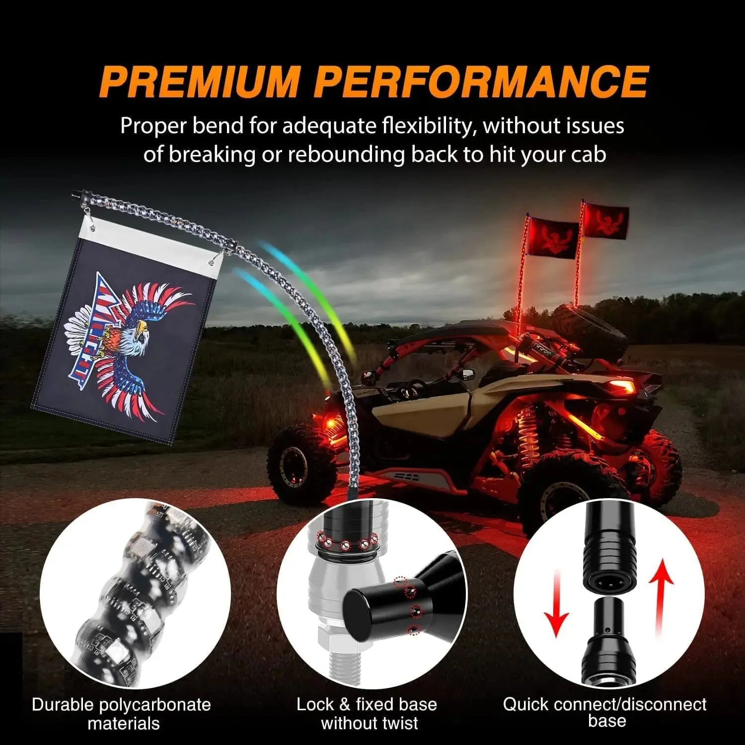 2Pcs 3FT Spiral Antenna Bluetooth Remote App Control Led Whip Light | 4Pcs RGB Rock Lights | Wire 5Pin Switch Kits