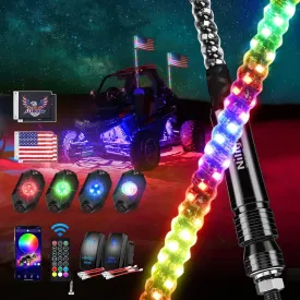 2Pcs 3FT Spiral Antenna Bluetooth Remote App Control Led Whip Light | 4Pcs RGB Rock Lights | Wire 5Pin Switch Kits