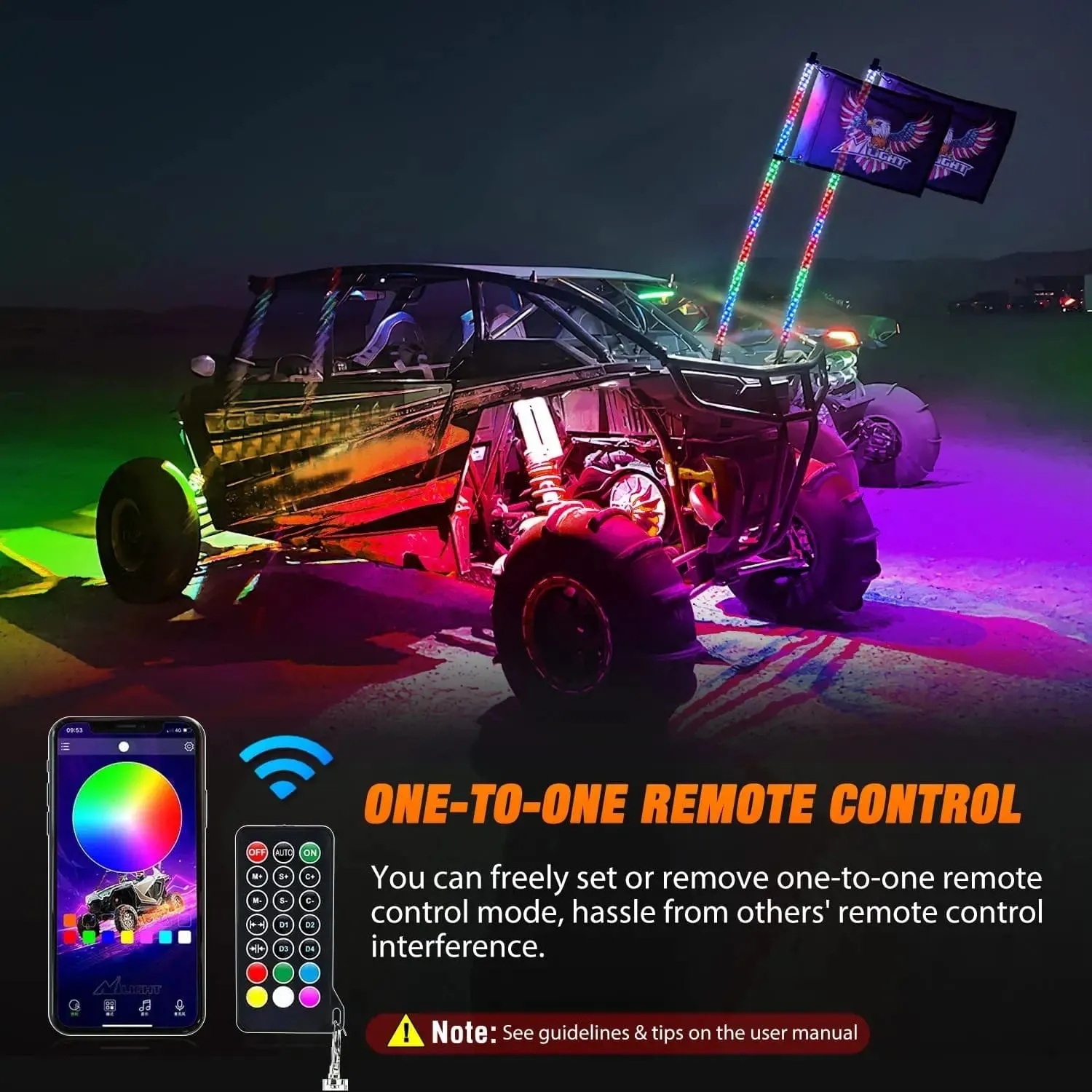 2Pcs 3FT Spiral Antenna Bluetooth Remote App Control Led Whip Light | 4Pcs RGB Rock Lights | Wire 5Pin Switch Kits