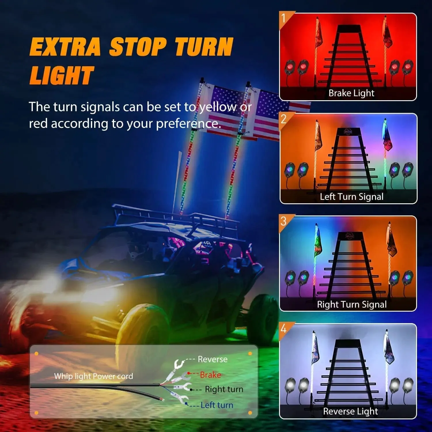 2Pcs 3FT Spiral Antenna Bluetooth Remote App Control Led Whip Light | 4Pcs RGB Rock Lights | Wire 5Pin Switch Kits
