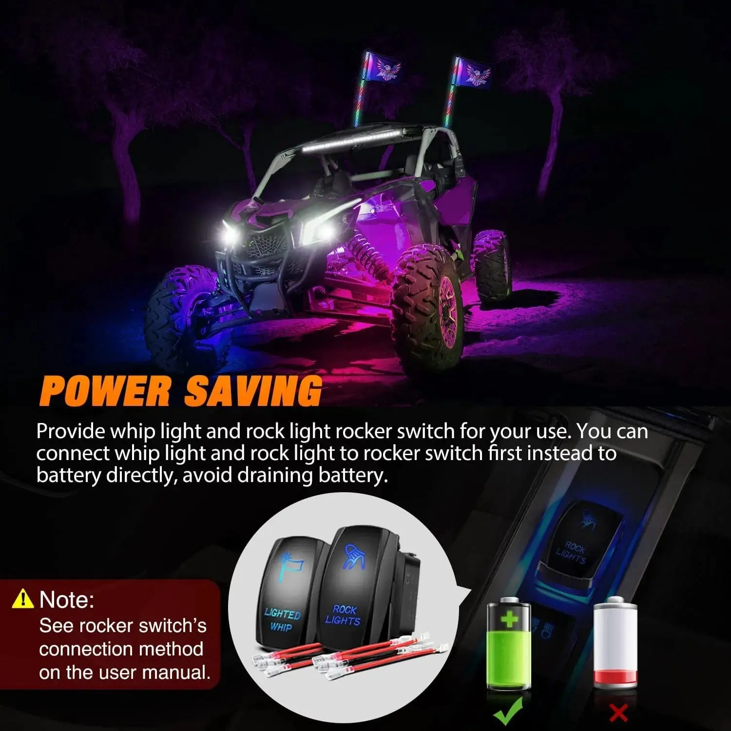 2Pcs 3FT Spiral Antenna Bluetooth Remote App Control Led Whip Light | 4Pcs RGB Rock Lights | Wire 5Pin Switch Kits