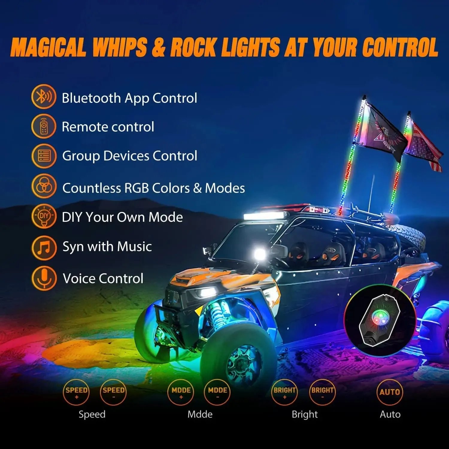 2Pcs 3FT Spiral Antenna Bluetooth Remote App Control Led Whip Light | 4Pcs RGB Rock Lights | Wire 5Pin Switch Kits
