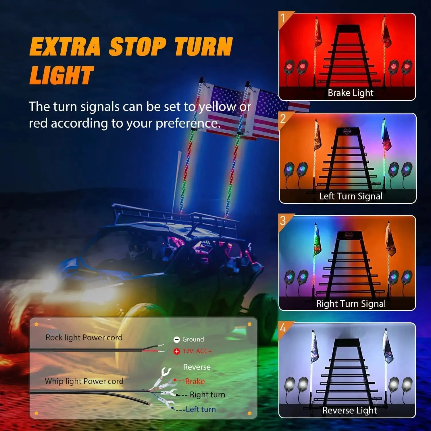 2Pcs 4FT Spiral Antenna Bluetooth Remote App Control Led Whip Light | 4Pcs RGB Rock Lights | Wire 5Pin Switch Kits
