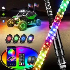 2Pcs 4FT Spiral Antenna Bluetooth Remote App Control Led Whip Light | 4Pcs RGB Rock Lights | Wire 5Pin Switch Kits