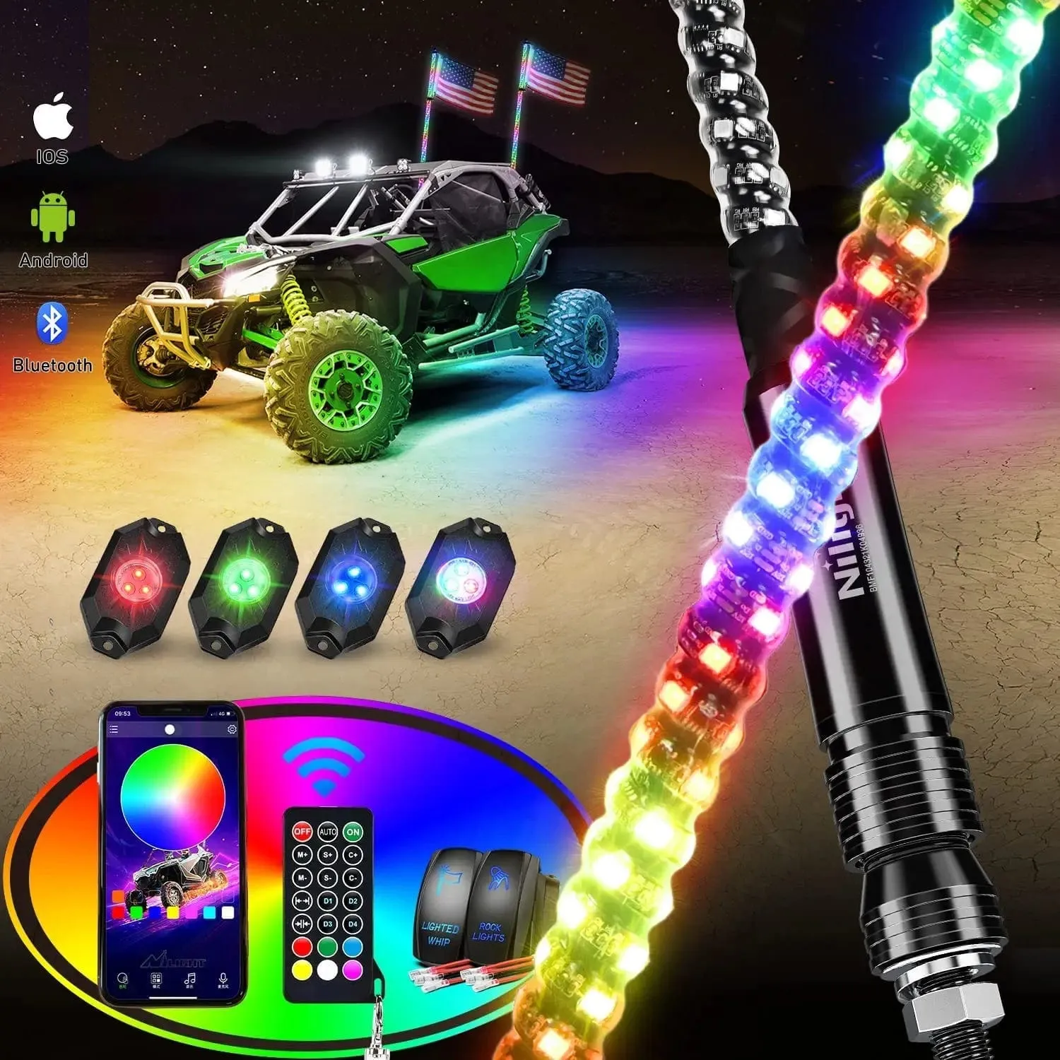 2Pcs 4FT Spiral Antenna Bluetooth Remote App Control Led Whip Light | 4Pcs RGB Rock Lights | Wire 5Pin Switch Kits