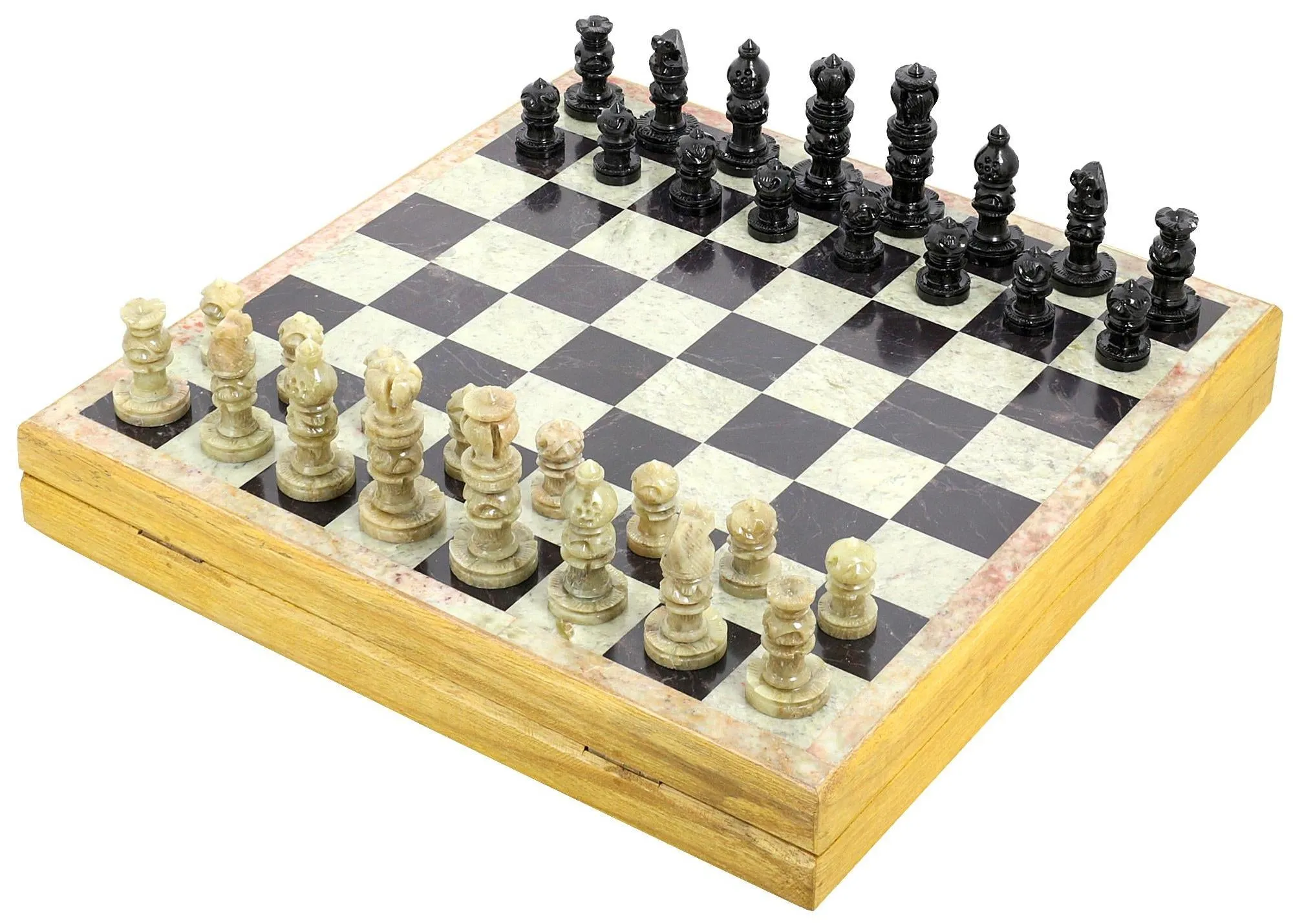 Handmade Indian Chess Set - Play Chess with Soapstone Chess Pieces & Stone and Wood Chess Board - Unique Chess Sets and Boards for Gifts